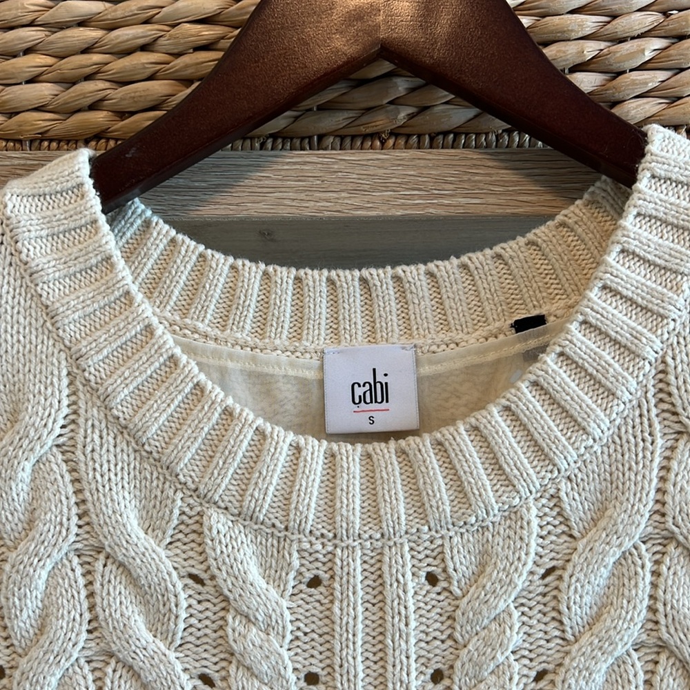 CAbi #3157 Cream Chunky Knit Crew Neck Sweater w/ Sheer Back Lining, S - Picture 2 of 8